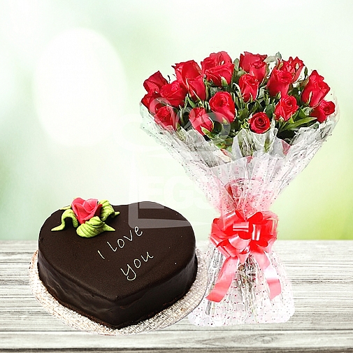 24 Red Roses with 2Lbs Heart Shape Cake - Islamabad Hotel