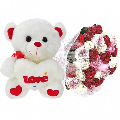 36 Mix Roses Bunch with Teddy