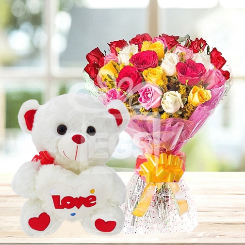 Mix Rose Bouquet with Teddy