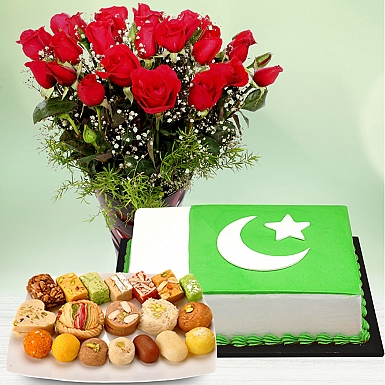 National Flag Cake with Roses and Mithai