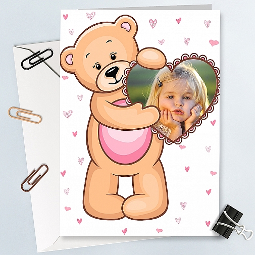 Any Pic Teddy Heart Photo Card - Personalised Card