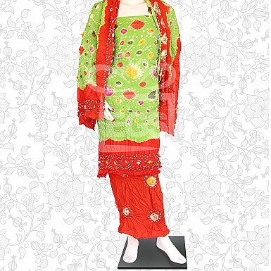 Red and Parrot Green Linen Chunri Dress-Unstitched