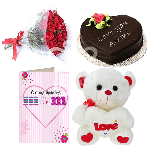 Flowers + Cake + Teddy Bear + Mum Card Gift Combo