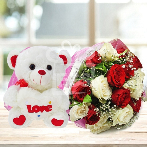 Velvety Roses with Bear Gift