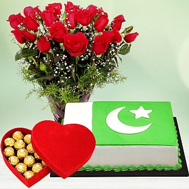 National Flag Cake with Roses and Chocolates